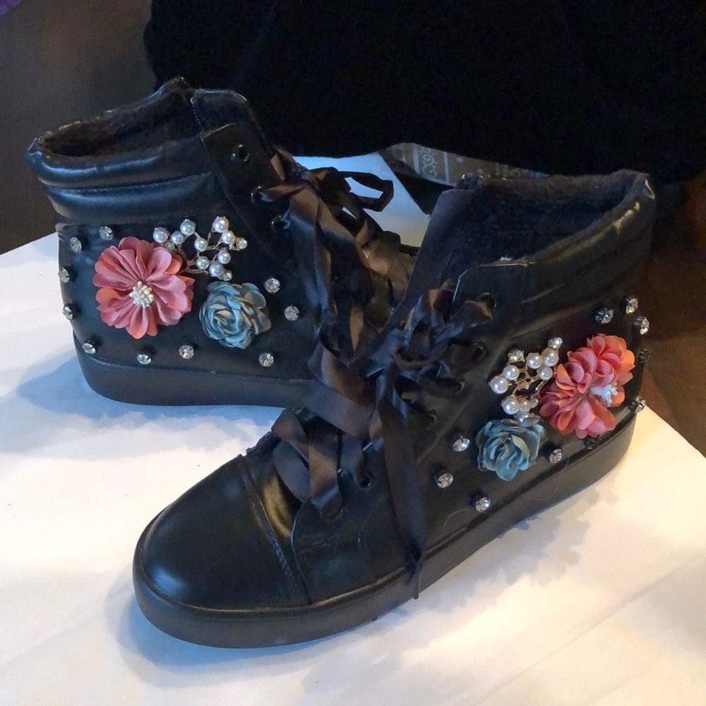 Moved to Kah36 FRH Claire Bohemian embellished satin lace-up side zip booties